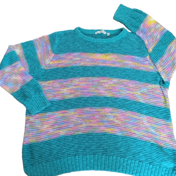 Soft Surroundings Teal and Multicolor Crew Neck Sweater - Picture 1 of 8